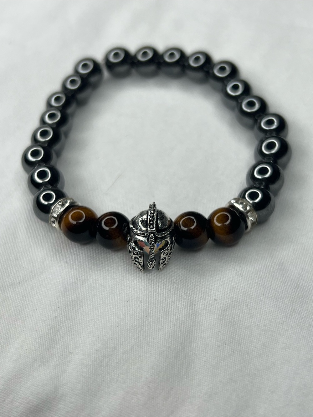 Men's Beaded Bracelet with Spartan Helmet Accent - Black & Brown Tiger eyes